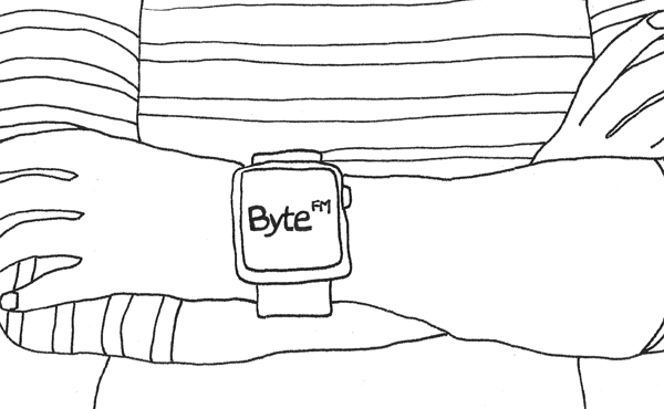 Die ByteFM App im Einsatz - das Model trägt die Apple Watch extra falsch herum, damit sie für uns richtig herum aussieht