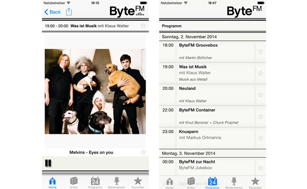Screenshots aus der neuen ByteFM App für iPhone und iPod