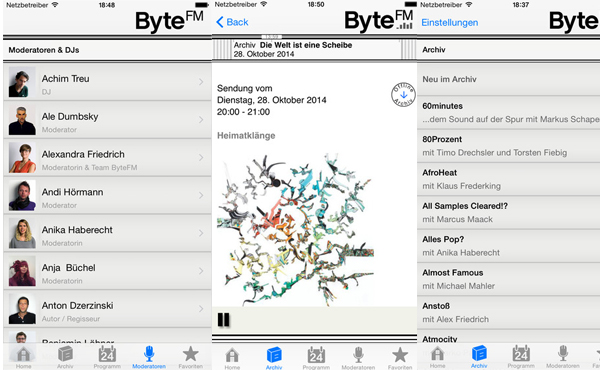 Screenshots aus der neuen ByteFM App für iPhone und iPod
