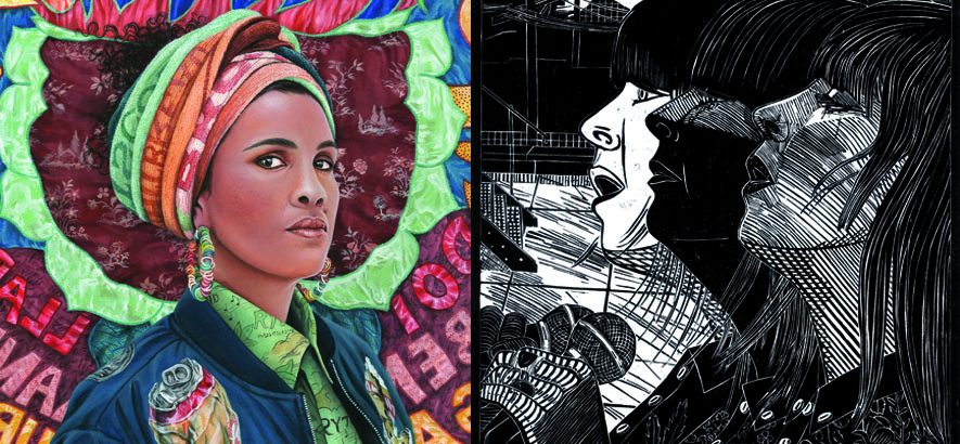 Die Motive des ByteFM Konzertfolder im Juli und August 2019, links: Neneh Cherry, gemalt von Coco Bergholm, rechts: Cat Power als Holzschnitt von Gabriela Jolowicz