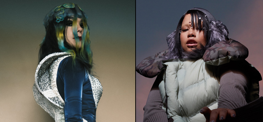 Montage zweier nebeneinander stehender Pressefotos von Björk (links) und Shygirl (rechts) 