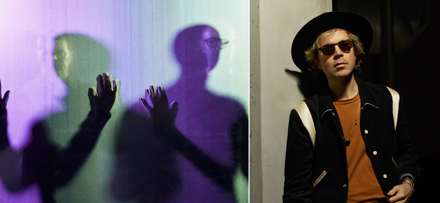 Fotos von The Chemical Brothers und Beck, die eine Single namens „Skipping Like A Stone“ herausgebracht haben.